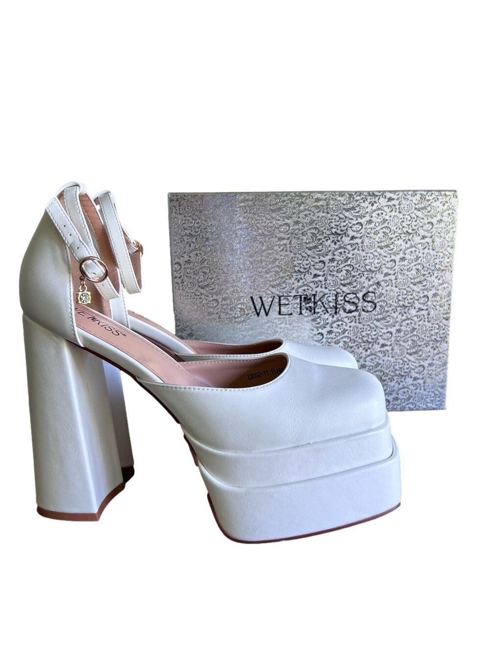 Wetkiss NEW Women's White Stacked Platform Chunk Heel Strap Shoe Size 11 #B1507